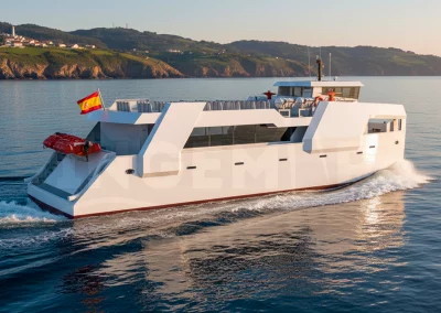 Render de embarcación de pasaje de 23 metros diseñada por Ingemar Designs para Samala Shipyard con capacidad para 200 pasajeros