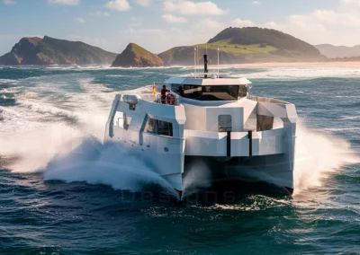 Render de embarcación de pasaje de 23 metros diseñada por Ingemar Designs para Samala Shipyard con capacidad para 200 pasajeros