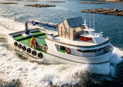 Aquaculture vessel render 20 m designed by Samala Shipyard – 7.50 m beam fish farming workboat concept