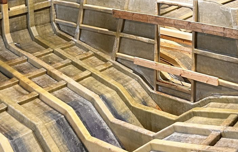 GRP hull interior structure under construction at Samala Shipyard in Galicia